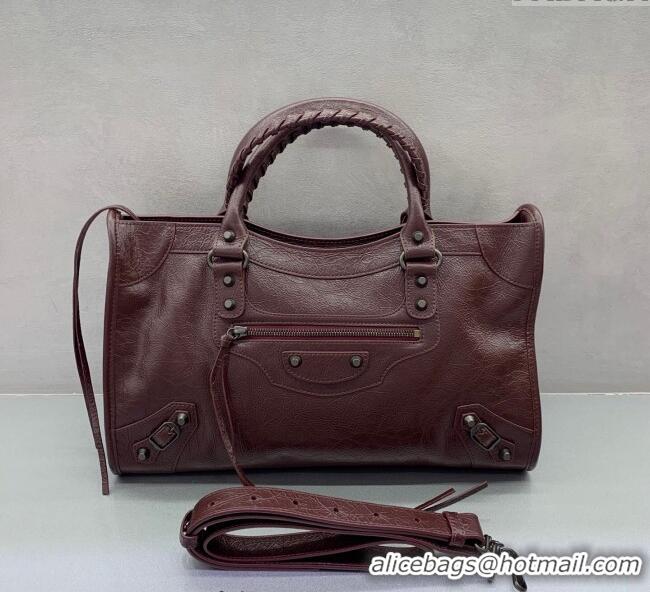 Good Taste Balenciaga Le City Medium Bag in Arena Storico lambskin 0925 Burgundy 2025