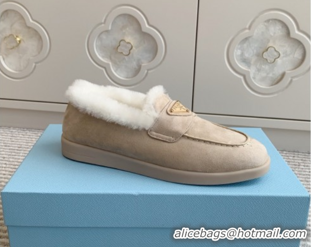 Good Looking Prada Suede and Shearling Loafers P112002 Beige 2025 (Women and Men)