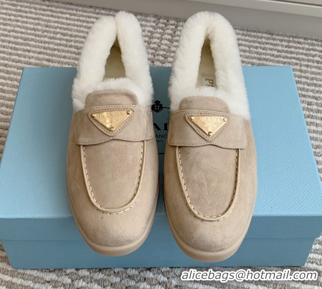 Good Looking Prada Suede and Shearling Loafers P112002 Beige 2025 (Women and Men)