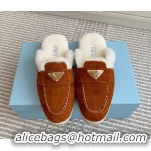 Grade Quality Prada Suede and Shearling Mules P112003 Dark Brown 2025 (Women and Men)
