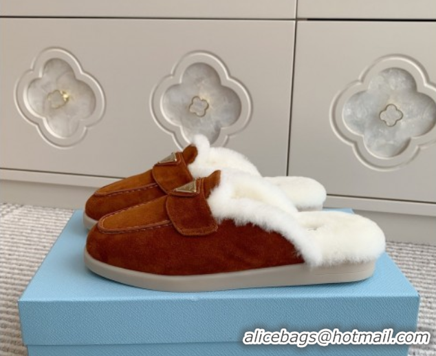 Grade Quality Prada Suede and Shearling Mules P112003 Dark Brown 2025 (Women and Men)