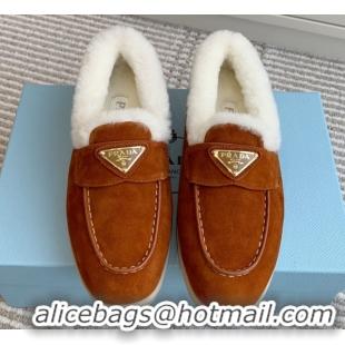 Sumptuous Prada Suede and Shearling Loafers P112004 Dark Brown 2025