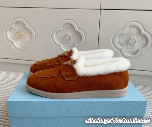 Sumptuous Prada Suede and Shearling Loafers P112004 Dark Brown 2025