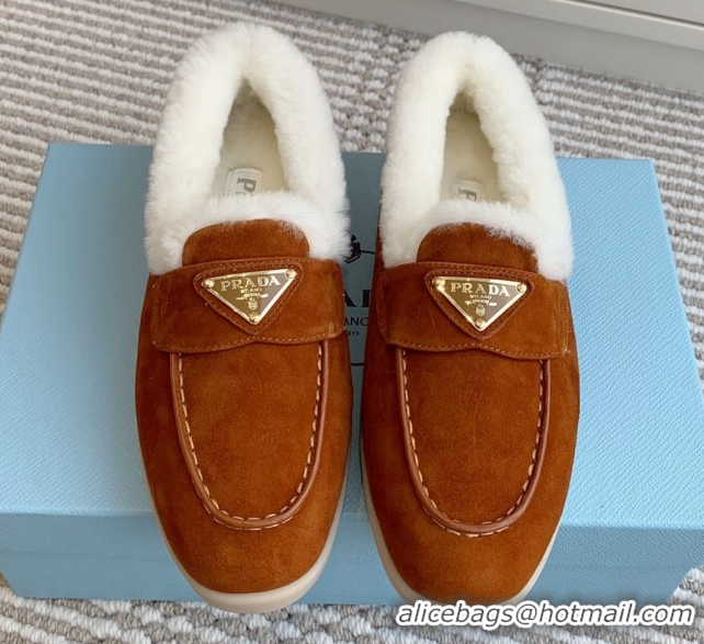 Sumptuous Prada Suede and Shearling Loafers P112004 Dark Brown 2025