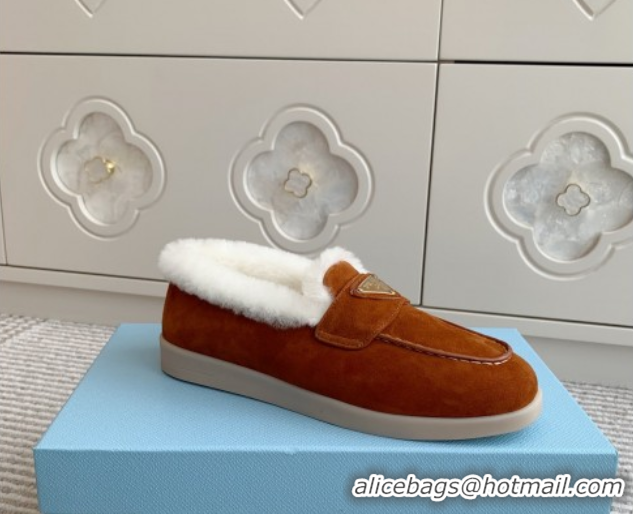 Sumptuous Prada Suede and Shearling Loafers P112004 Dark Brown 2025
