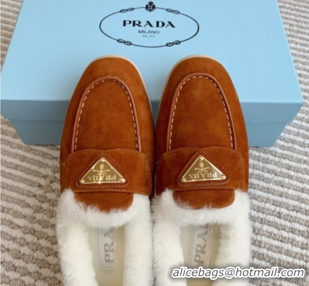 Sumptuous Prada Suede and Shearling Loafers P112004 Dark Brown 2025