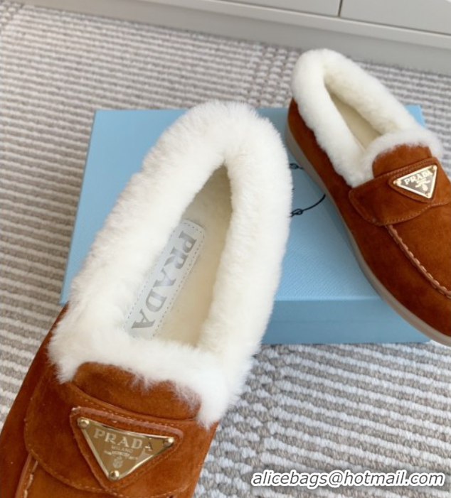 Sumptuous Prada Suede and Shearling Loafers P112004 Dark Brown 2025