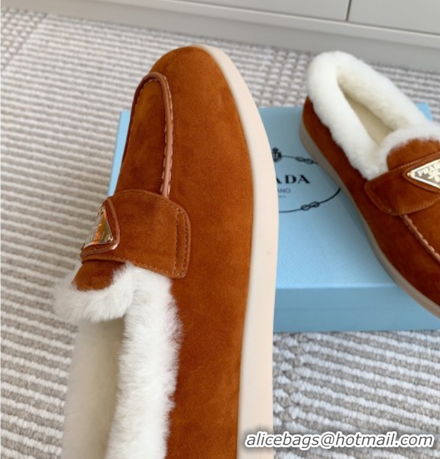 Sumptuous Prada Suede and Shearling Loafers P112004 Dark Brown 2025