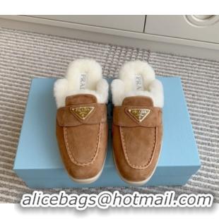 Sumptuous Prada Suede and Shearling Mules P112005 Light Brown 2025