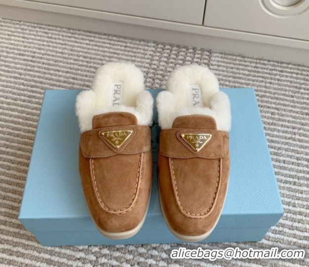 Sumptuous Prada Suede and Shearling Mules P112005 Light Brown 2025