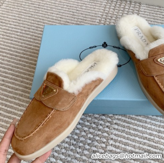 Sumptuous Prada Suede and Shearling Mules P112005 Light Brown 2025
