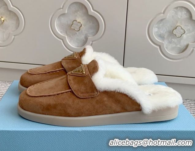 Sumptuous Prada Suede and Shearling Mules P112005 Light Brown 2025