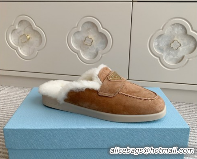 Sumptuous Prada Suede and Shearling Mules P112005 Light Brown 2025