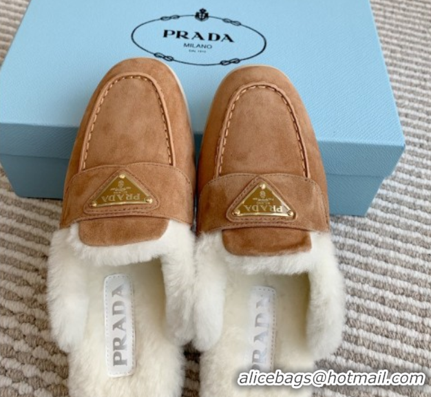 Sumptuous Prada Suede and Shearling Mules P112005 Light Brown 2025