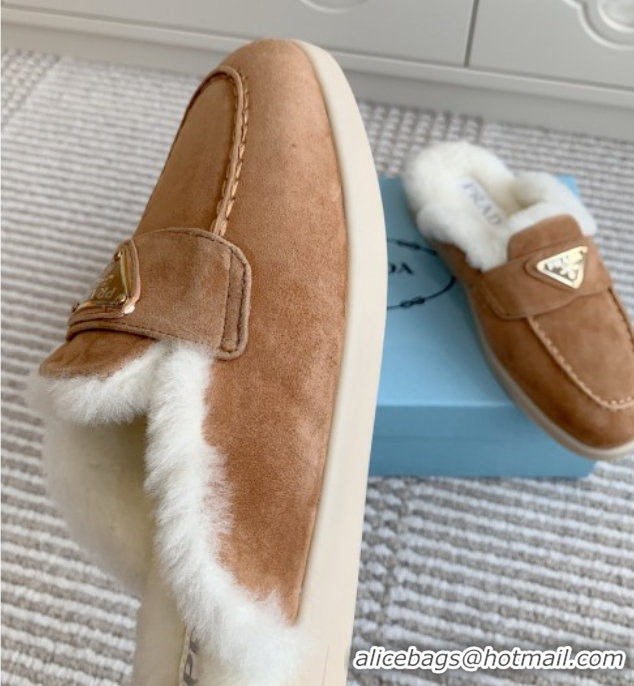 Sumptuous Prada Suede and Shearling Mules P112005 Light Brown 2025