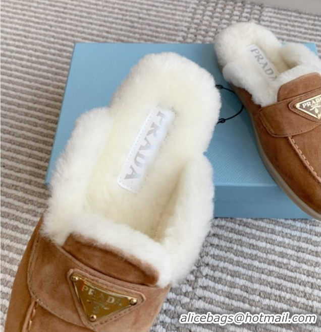 Sumptuous Prada Suede and Shearling Mules P112005 Light Brown 2025