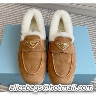 Top Grade Prada Suede and Shearling Loafers P112006 Light Brown 2025