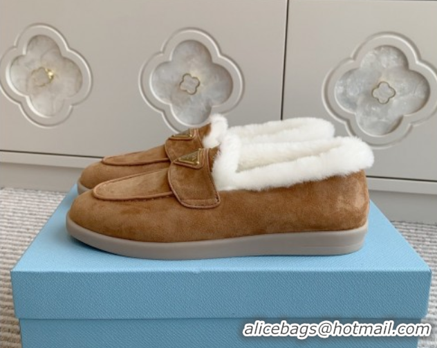 Top Grade Prada Suede and Shearling Loafers P112006 Light Brown 2025