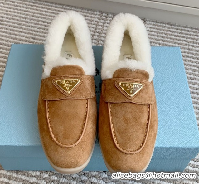 Top Grade Prada Suede and Shearling Loafers P112006 Light Brown 2025