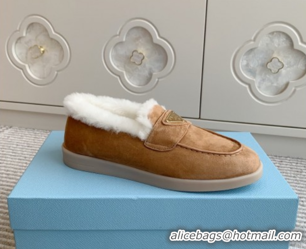 Top Grade Prada Suede and Shearling Loafers P112006 Light Brown 2025
