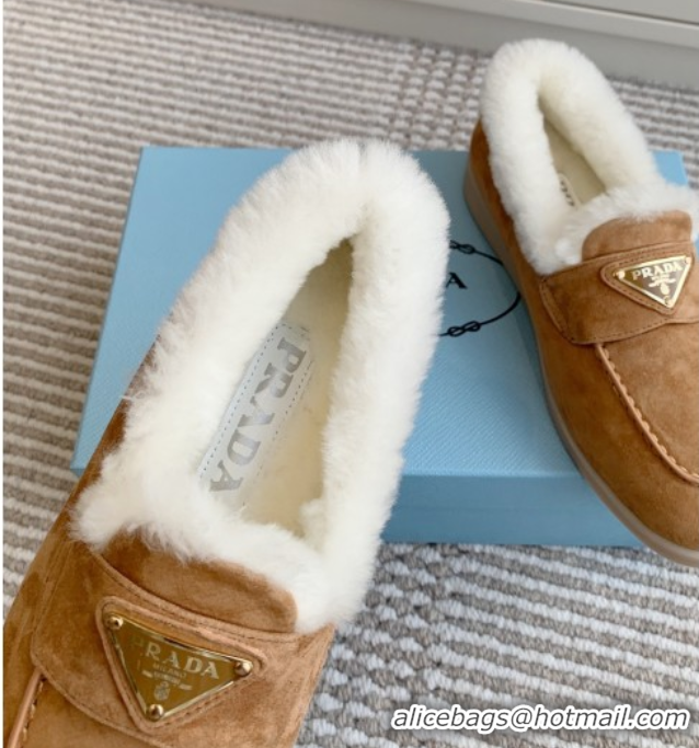 Top Grade Prada Suede and Shearling Loafers P112006 Light Brown 2025