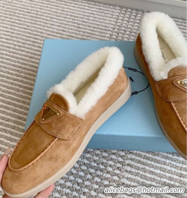 Top Grade Prada Suede and Shearling Loafers P112006 Light Brown 2025