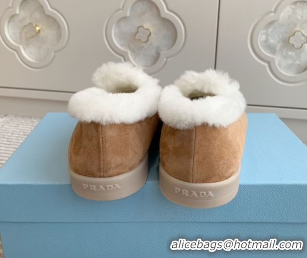 Top Grade Prada Suede and Shearling Loafers P112006 Light Brown 2025
