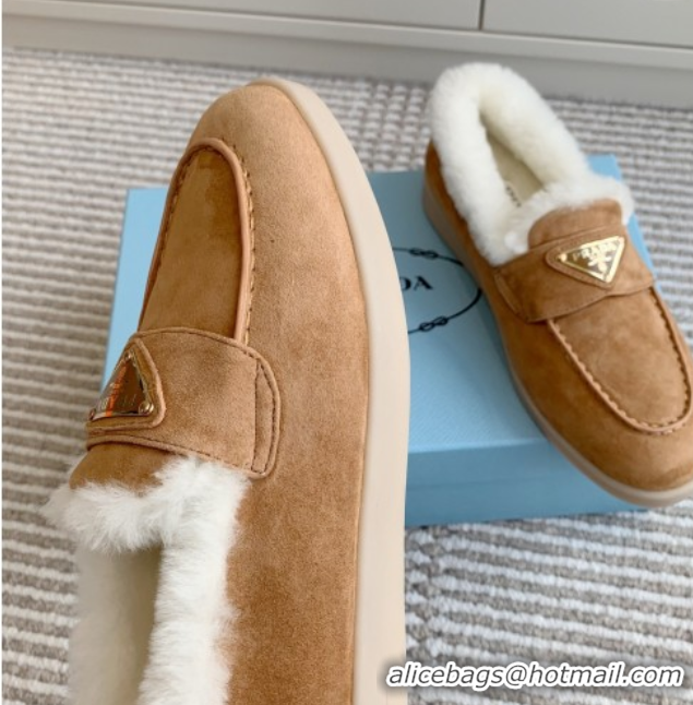 Top Grade Prada Suede and Shearling Loafers P112006 Light Brown 2025
