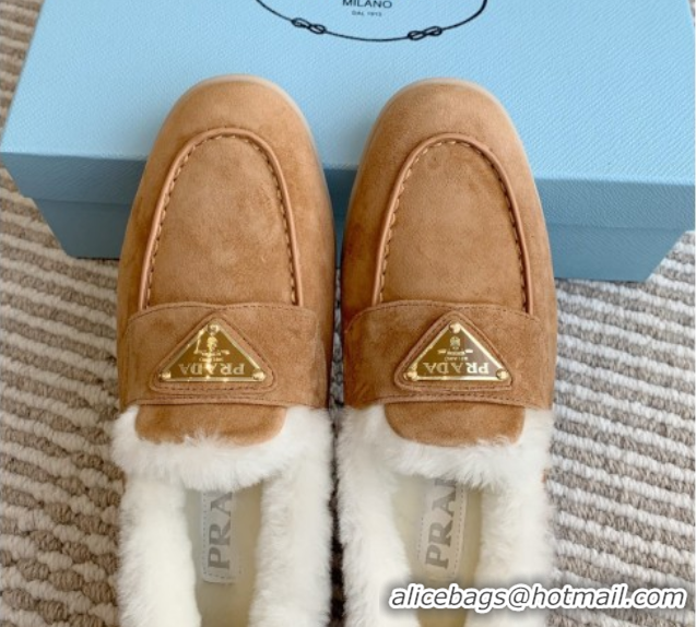 Top Grade Prada Suede and Shearling Loafers P112006 Light Brown 2025