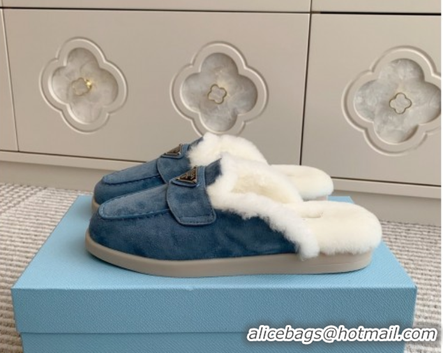 Stylish Prada Suede and Shearling Mules P112007 Blue 2025