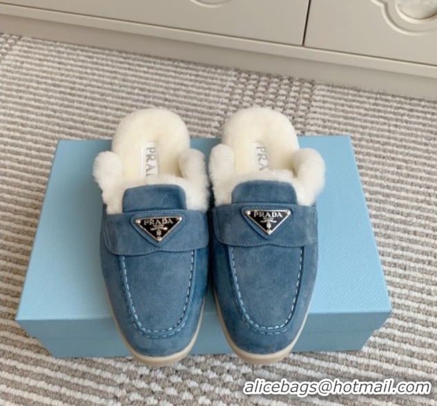 Stylish Prada Suede and Shearling Mules P112007 Blue 2025