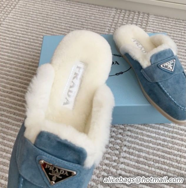 Stylish Prada Suede and Shearling Mules P112007 Blue 2025
