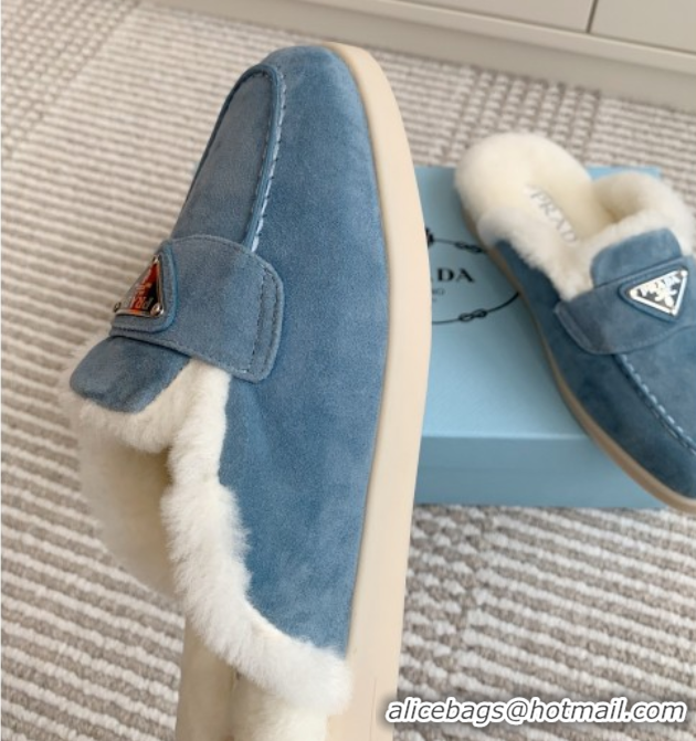 Stylish Prada Suede and Shearling Mules P112007 Blue 2025