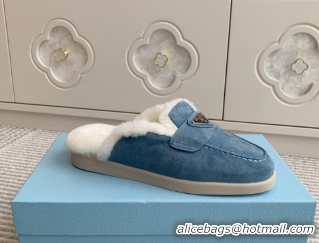 Stylish Prada Suede and Shearling Mules P112007 Blue 2025