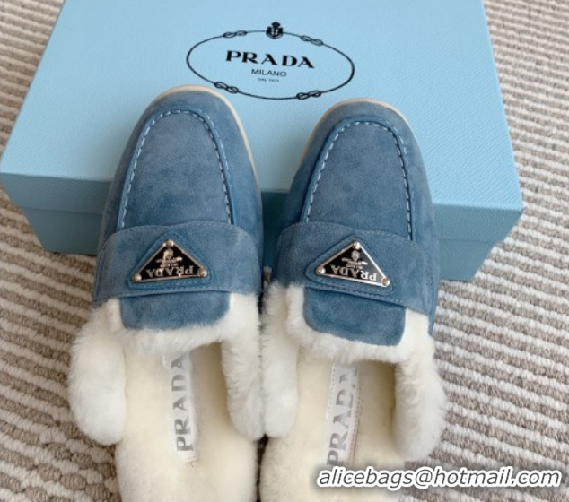 Stylish Prada Suede and Shearling Mules P112007 Blue 2025