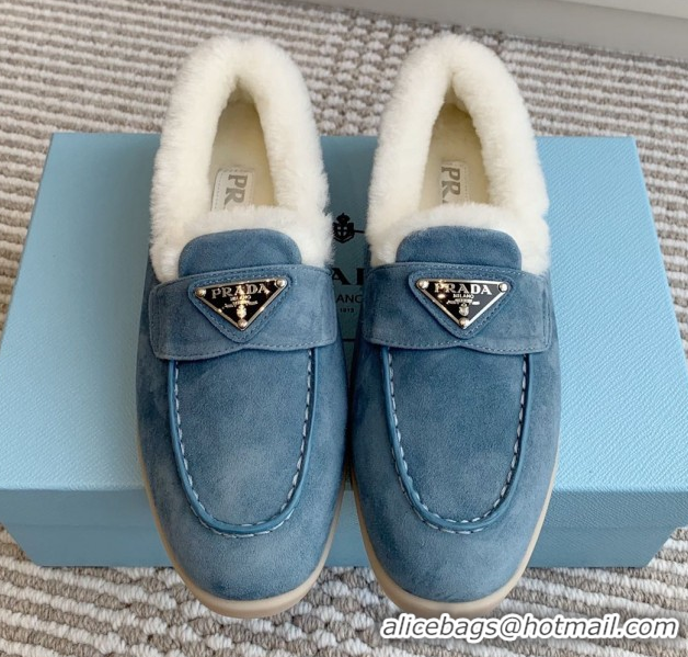 Good Product Prada Suede and Shearling Loafers P112008 Blue 2025