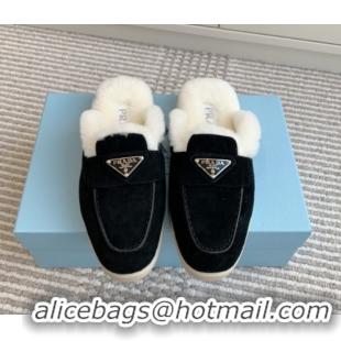 Perfect Prada Suede and Shearling Mules P112009 Black 2025