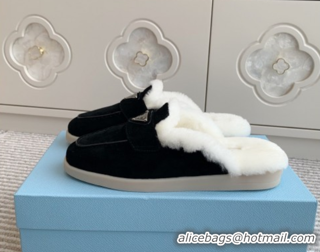 Perfect Prada Suede and Shearling Mules P112009 Black 2025