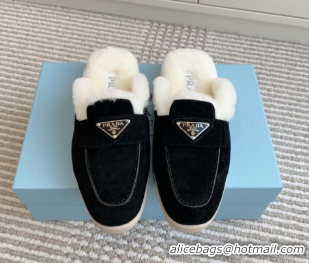 Perfect Prada Suede and Shearling Mules P112009 Black 2025