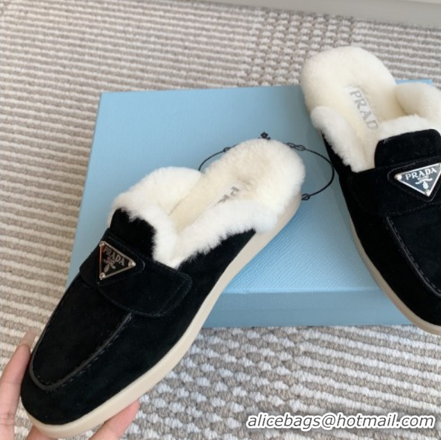 Perfect Prada Suede and Shearling Mules P112009 Black 2025