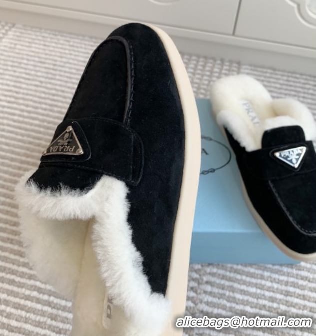 Perfect Prada Suede and Shearling Mules P112009 Black 2025