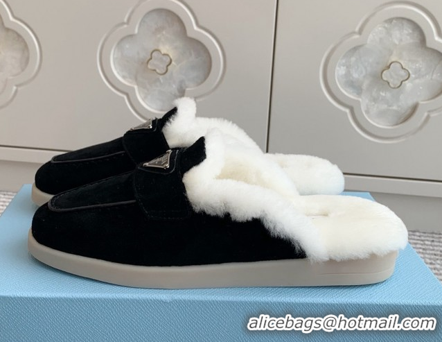 Perfect Prada Suede and Shearling Mules P112009 Black 2025