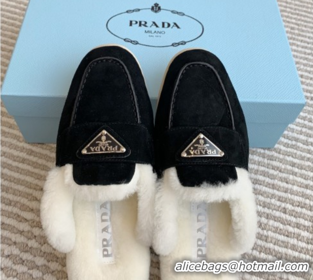 Perfect Prada Suede and Shearling Mules P112009 Black 2025