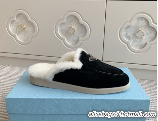 Perfect Prada Suede and Shearling Mules P112009 Black 2025