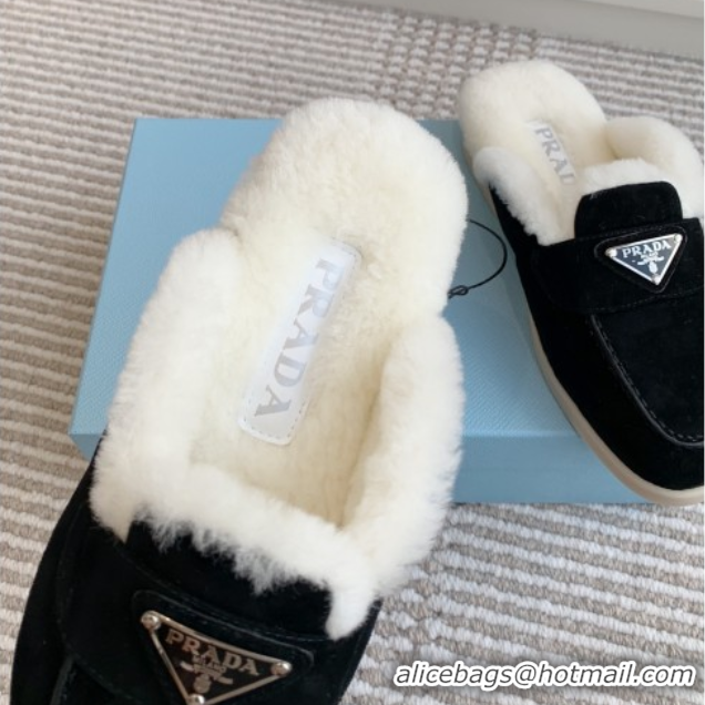 Perfect Prada Suede and Shearling Mules P112009 Black 2025