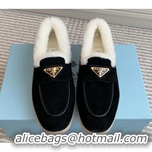 Luxury Cheap Prada Suede and Shearling Loafers P112010 Black 2025