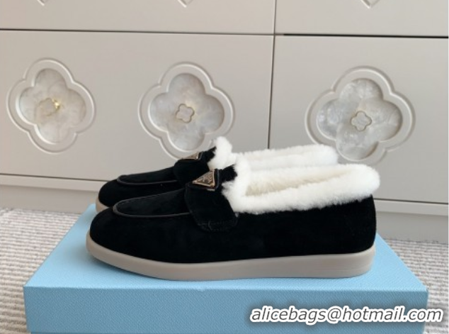 Luxury Cheap Prada Suede and Shearling Loafers P112010 Black 2025