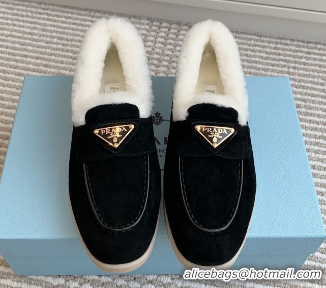 Luxury Cheap Prada Suede and Shearling Loafers P112010 Black 2025