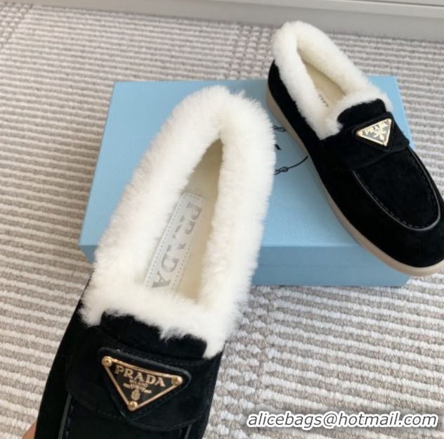 Luxury Cheap Prada Suede and Shearling Loafers P112010 Black 2025