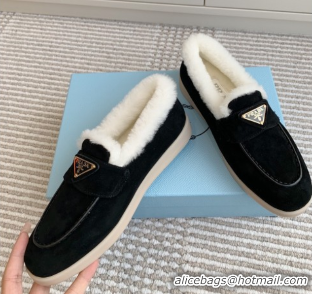 Luxury Cheap Prada Suede and Shearling Loafers P112010 Black 2025